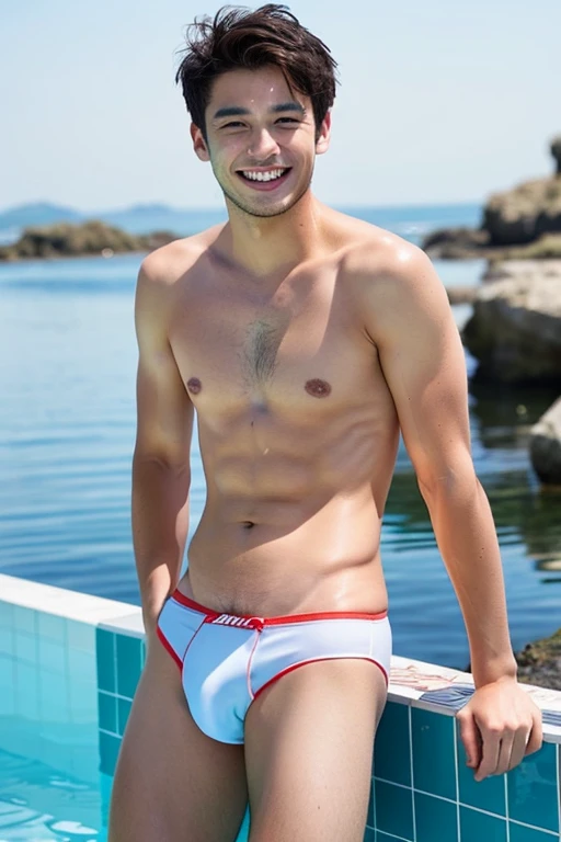 male　Age 26 swimwear smiling