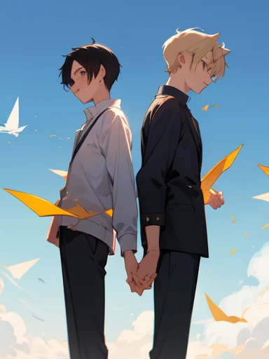 2 people, 2 shots, looking away, boy, 14 years old, friends, the two are flying paper planes, their backs to each other, warm atmosphere, 2 people, blue sky, perfect composition, trending pixiv fanbox, friends, happy, clear eyes, anime hand drawn illustrat...