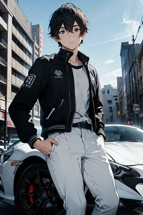 A handsome Teenage Racer standing at a Toyota GT86 while wearing a Black and white jacket and pants ((Hyper Realistic)), ((City)) 