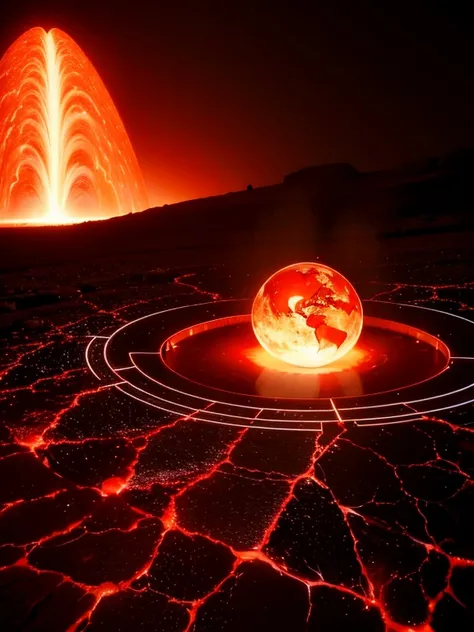 cyberneticVenus with a red light inside, mechanized earth crust, the earth sprouts lava, earths red mantle is visible, hollow earth, vtm, canyons and ridges all across earth, geyser of fire coming out of venus
