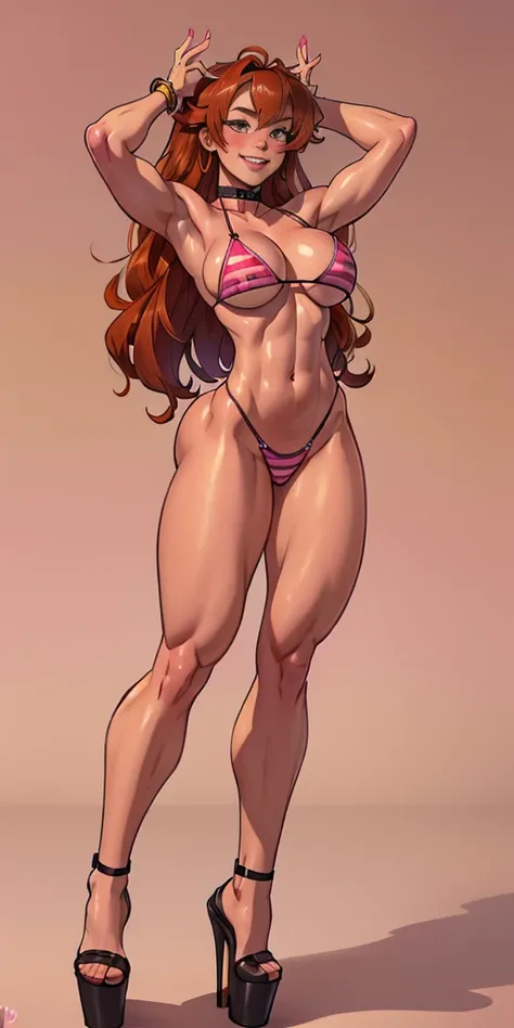 (Pink plain background) Eris Boreas Greyrat full body standing with two long thighs and high heels, big eyes, LONG messy bright RED hair, bikini stripes, hands up show shaved armpits, navel, smiling closed mouth (red blush) golden armbands, black choker