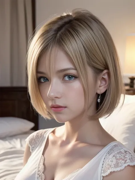 highest quality, Ultra-high resolution, (Realistic: 1.4), One 10-year-old girl, Detailed face、blush, blue eyes, Blonde, short hair, White lace panties, Classic Western-style building, bed, Lie on your back