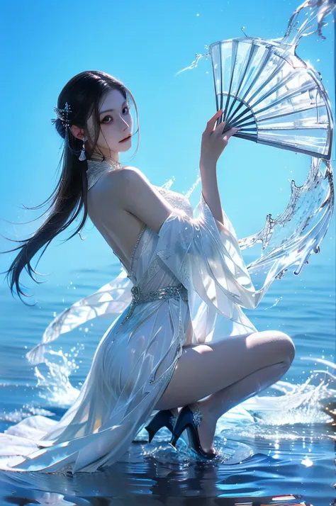 yushuishan, 1 Girl, water, High heel, skirt, Bare legs, Hand fan, Solitary, Long hair, look back, ripple, whole body, jewelry, white skirt, Hair accessories, Forehead Mark, splash, Brown hair, blue skirt,
best quality,masterpiece,Ultra-high resolution,