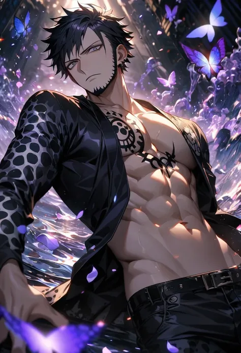 Ultra detailed, HDR, Highres, absurdres, master piece, Trafalgar D Water Law, black hair, expressive grey eyes, black clothes with patterns, One Piece, purple glittering butterflies, purple ice, petals, purple ice roses, sexy man, solo, extremely detailed ...