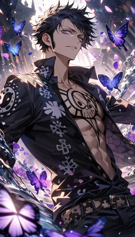 Ultra detailed, HDR, Highres, absurdres, master piece, Trafalgar D Water Law, black hair, expressive grey eyes, black clothes with patterns, One Piece, purple glittering butterflies, purple ice, petals, purple ice roses, sexy man, solo, extremely detailed ...