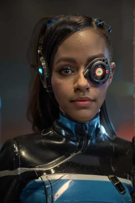 Black woman wearing blue sttldunf uniform,veins,borg,eyepatch,cable,luma,rosalina,detailed face,detailed eyes,detailed lips,metal texture,sci-fi,glowing lights
jamesdaly artstyle,