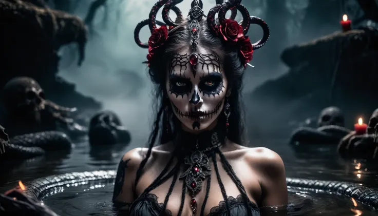 Grunge style, beautiful naked goddess of death, body intricately decorated with black and diamonds, deep red rubies, shiny, penetrating, black lace and smoke covers her nipples, dark and gloomy look, masterpiece, cinematic, bokeh, film grain, 1.8, 24 mm le...