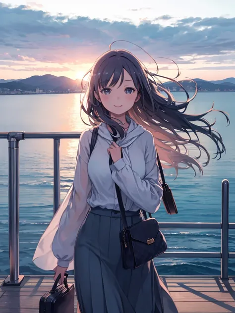 masterpiece、highest quality、High resolution、Very detailed、Beautiful eyeedium wide shot、Mature Woman、On the ferry、passenger ship、deck、fence、View、smile、Hair blowing in the wind、fenceに手を当てる、On the go、Ocean、