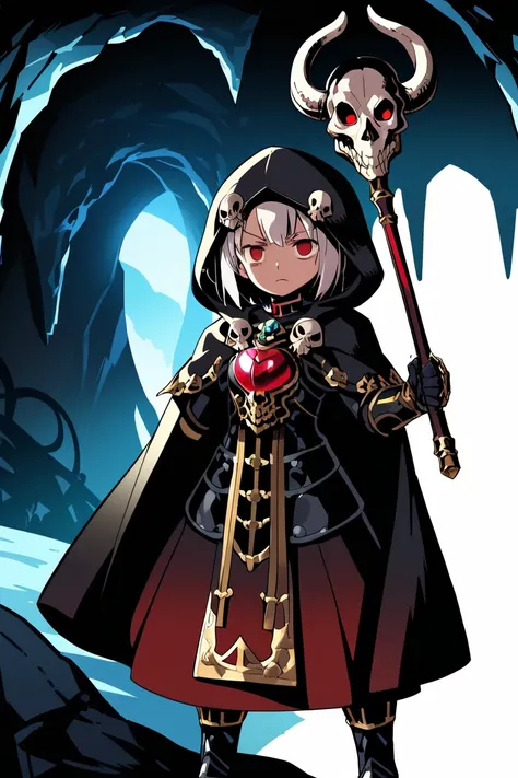 score_9,source_anime,1girl,standing,white hair,beautiful_detailed_eyes,short hair,red eyes,close up,skull hair ornament,looking at viewer,wearing black armor,wearing cloak,wearing hood,chest jewel,skull jewelry,frown,serious,cave,holding skull staff,full-b...