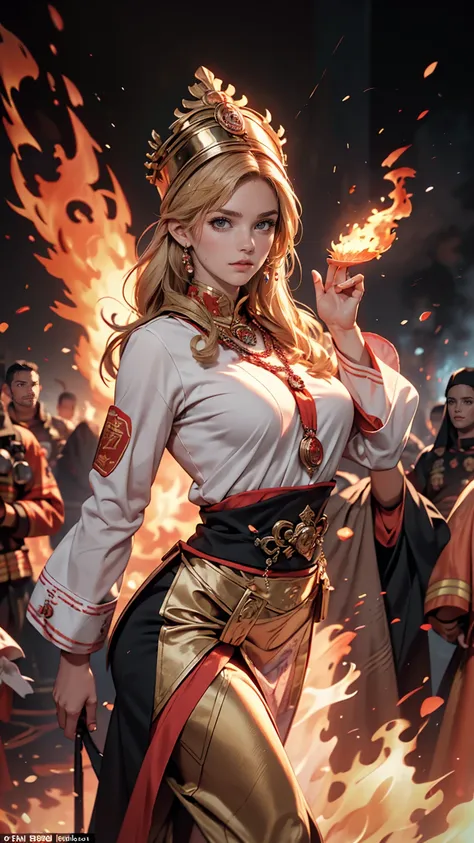 High Frequency: 1.8, Rich details, masterpiece, 8k, Beautiful priestess in a pink shirt standing in front of a fire, Dancing, Waving fan, The fan burns, Flames engulf the High Priestess, Burning battlefield background,  