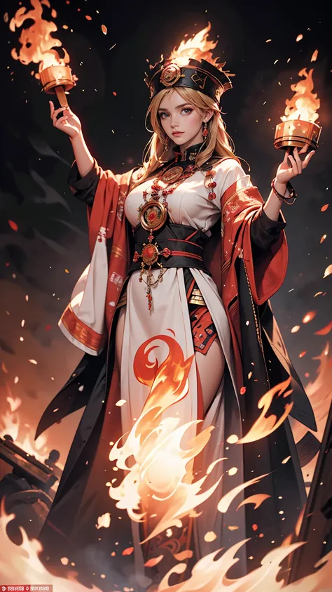 High Frequency: 1.8, Rich details, masterpiece, 8k, Beautiful priestess in a pink shirt standing in front of a fire, Dancing, Waving fan, The fan burns, Flames engulf the High Priestess, Burning battlefield background,  