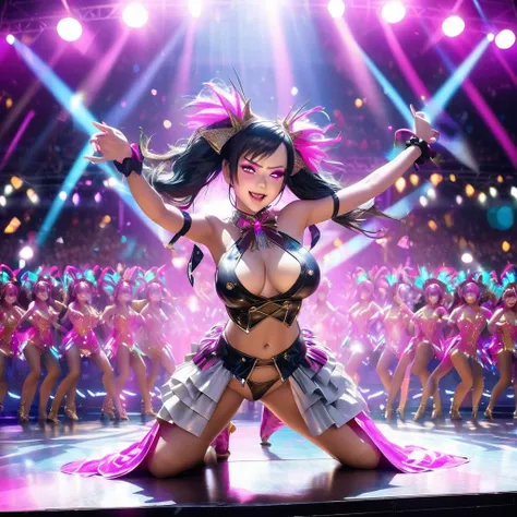 A busty goblin woman, JPop sexy idol costume, performing on stage, holograms of her acting embarrassed, revealing panties, background with vibrant colors, intense stage lighting and fog, lively crowd, dynamic dance moves, glowing neon signs, glitter and se...