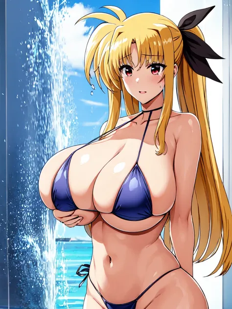 masterpiece,top-quality,fate testarossa harlaown,heroine of magical girl lyrical Nanoha,1girl,solo,blond hair,long hair,straight hair,outside splash hair,red eyes,beauty,very huge breasts,narrow waist,bust size is 120cm over,crying,sexy,soaked,seductive an...