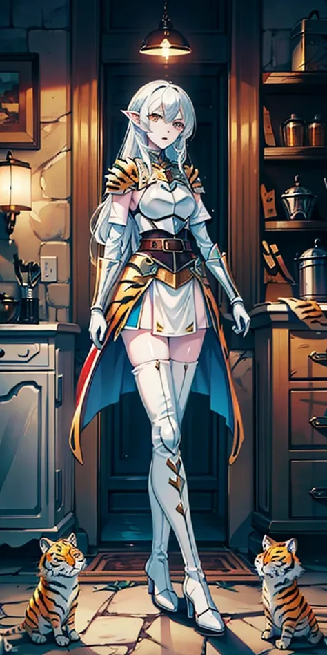 masterpiece, best quality, high quality, white SKIN elf, long hair, white hair, yellow eyes, full body, def_effie, blue breastplate, white skin, looking at viewer, shiny, armor, thigh highs, high boots, shoulder armor, faulds, poleyn, gloves, gauntlets, Ti...