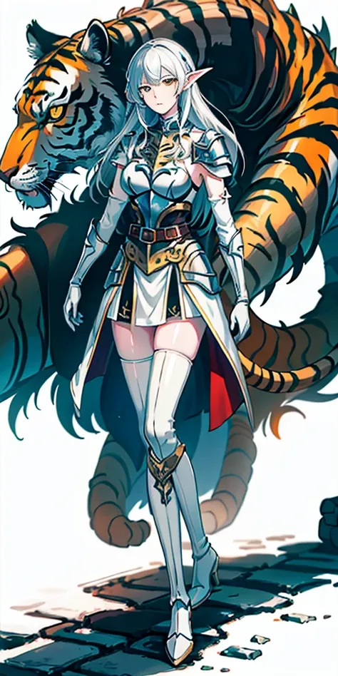 masterpiece, best quality, high quality, white SKIN elf, long hair, white hair, yellow eyes, full body, def_effie, blue breastplate, white skin, looking at viewer, shiny, armor, thigh highs, high boots, shoulder armor, faulds, poleyn, gloves, gauntlets, Ti...