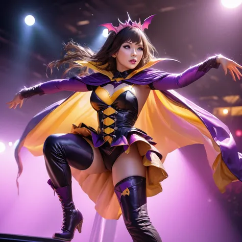 A super cute Japanese Idol woman,cute face,a shiny pretty tiara,a dark purple costume with bat wings and iconic yellow bat logo,sexy boots,shes in cosplay as Bat Girl,with a cape flowing behind her,long raven black hair,beautiful detailed eyes,beautiful de...