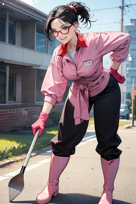 A mature woman with glasses and black hair tied up in a red long-sleeved, long-pants gym uniform, wearing pink long rubber gloves and white rubber boots, picking up trash in the schoolyard while smiling gently