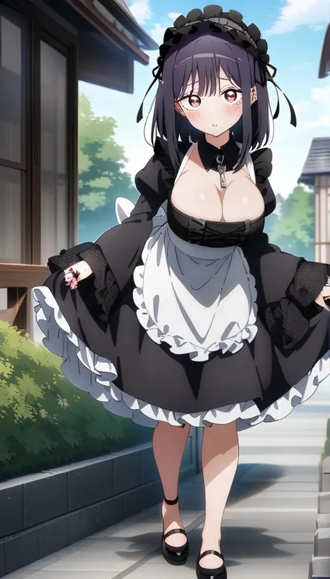 masterpiece, best quality, very aesthetic, absurdres, 1girl, kuroe shizuku, sono bisque doll wa koi wo suru, maid, large breast, cleavage, outdoors, key visual, highly detailed, looking at viewer, full body, front view