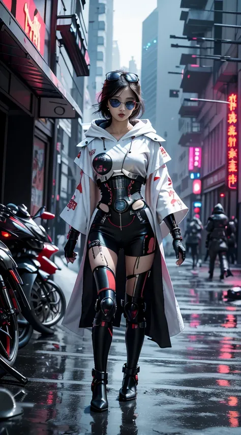 Depp, Deadly geisha assassin in a white hooded kimono & armor, Futuristic Ski Sunglasses, dangerous, Red sky, post apocalyptic art, Neon Horror, Science Fiction, Faulty core, CG society, European modern ink painting, Hermaphroditic, Mixed Media, Dystopian ...