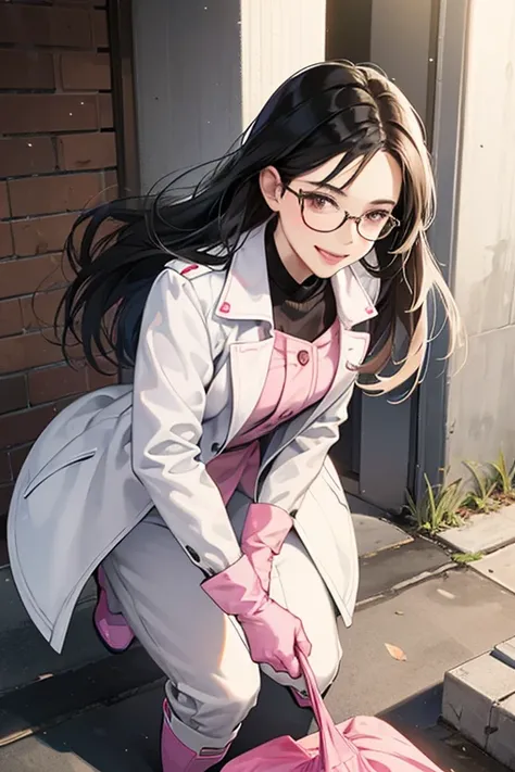 A mature woman with glasses and black hair in a white coat wearing pink long rubber gloves and white rubber boots picking up trash in the schoolyard with a gentle smile