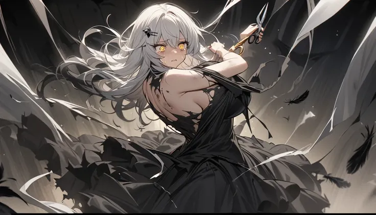 A woman, flowing white hair, melancholy eyes, yellow pupils, black diamond-shaped hairpin, tattered black dragon wings sprouting from her back,  A woman is cutting up a Tattered super huge black silk cushion with scissors in a dirty way. Tiny feathers are ...