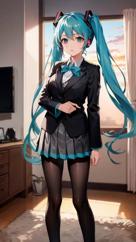 Highquality image of Hatsune Miku, Twin Tail, light Blue Eye, light Blue Hair, big breasts, black tights, 1woman, suit, mini suit skirt, sunset, living room