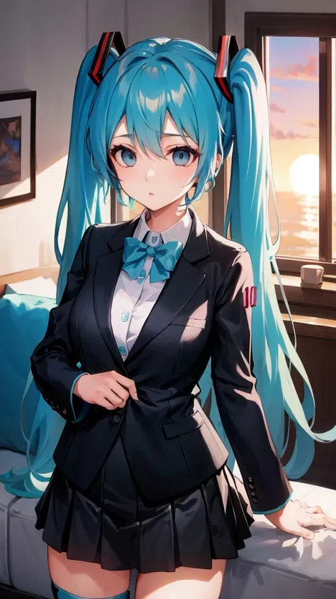 Highquality image of Hatsune Miku, Twin Tail, light Blue Eye, light Blue Hair, big breasts, black tights, 1woman, suit, mini suit skirt, sunset, living room