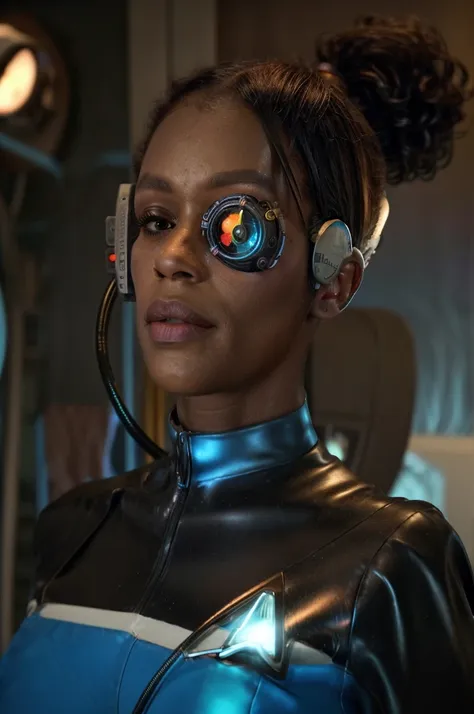 black woman wearing blue sttldunf uniform,veins,borg,eyepatch,cable,luma,rosalina,detailed face,detailed eyes,detailed lips,meta...