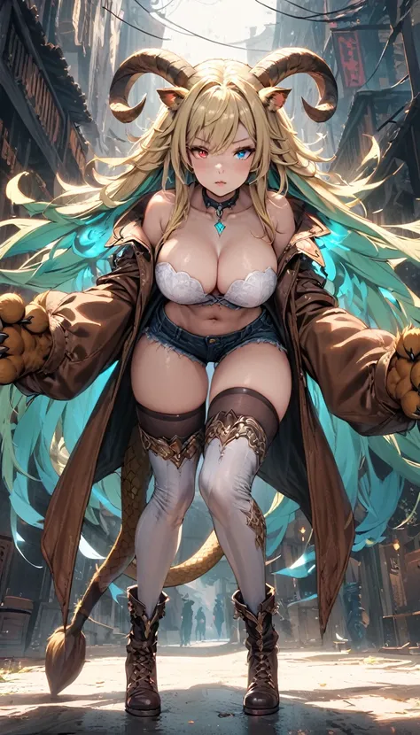 (masterpiece), (best quality:1.4), (perfect anatomy:1.4), high quality, expressive eyes, full body, tall girl, detailed face, beautiful face, perfect face, detailed ((blonde hair)), (green hair), {{pale skin}}, chimera, large breasts, thick thighs, very lo...