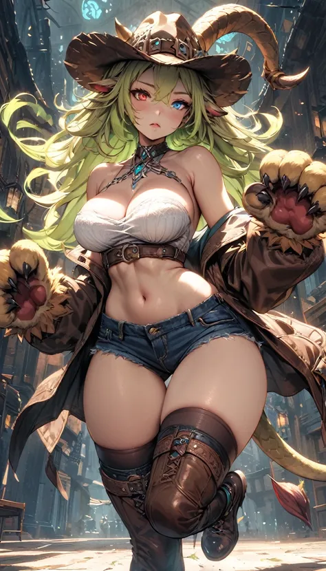 (masterpiece), (best quality:1.4), (perfect anatomy:1.4), high quality, expressive eyes, full body, tall girl, detailed face, beautiful face, perfect face, detailed ((blonde hair)), (green hair), {{pale skin}}, chimera, large breasts, thick thighs, very lo...