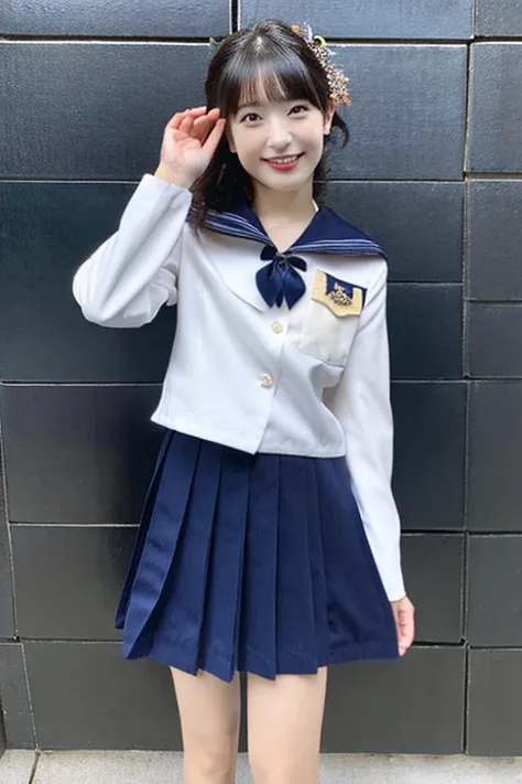 best quality, masterpiece, (photorealistic:1.4), 1girl, smiling eyes, (ulzzang-6500-v1.1:1.0), black Eyes, Beautiful Woman, Actress, 40 years old, witch, Japanese, sailor uniform, cosplay, micro-mini skirt, full body, JK