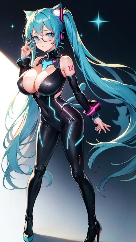 Hatsune Miku Vocaloid, Twin Tails, Light Blue Eyes, Light Blue Hair, Pichi Pichi Bodysuit, Cyber punk, Ghost in the Shell, Ultimate Physical Beauty, Beautiful Eyes, embarrassed look , high heels, ((Big Breasts)), 8K CG, Top Quality, Best Image Quality, 2D ...