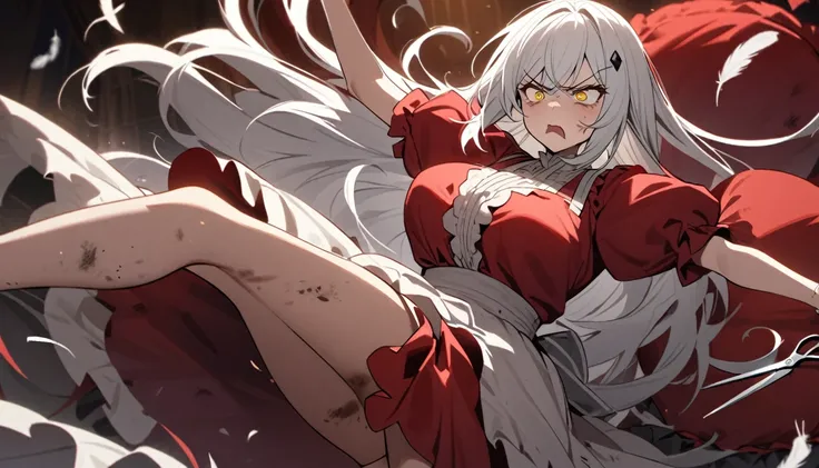 A woman, flowing white hair, melancholy eyes, yellow pupils, black diamond-shaped hairpin, A woman is cutting up a Tattered super huge red silk cushion with scissors in a dirty way. Tiny feathers are dancing, angry