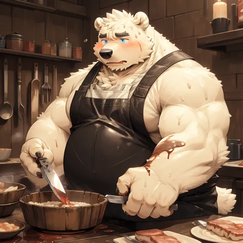 New Jersey 5 Furry，polar bear，Exquisite，Wearing a butchers apron，Bloody Knife，Bloody kitchen，Tree stump on the table，Bloody Apron，Bulbous leather pants，sweat, blush，Oily ，Solitary，Chubby，Fat，Thick arms，Rugged muscles，White plush fur，Chubby脸，Black eyebrows，...