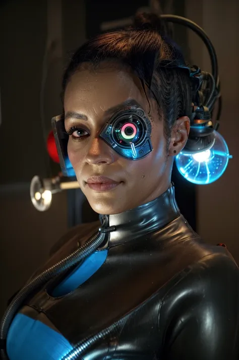 Black woman wearing blue sttldunf uniform,veins,borg,eyepatch,cable,luma,rosalina,detailed face,detailed eyes,detailed lips,metal texture,sci-fi,glowing lights
jamesdaly artstyle,