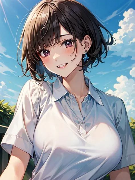 masterpiece、High definition、High resolution、high quality、High resolution、Ten generations of women、Short Hair、Beautiful Lips、Very large breasts、Courting face、Smiling with teeth showing、((near))、White polo shirt、blue sky