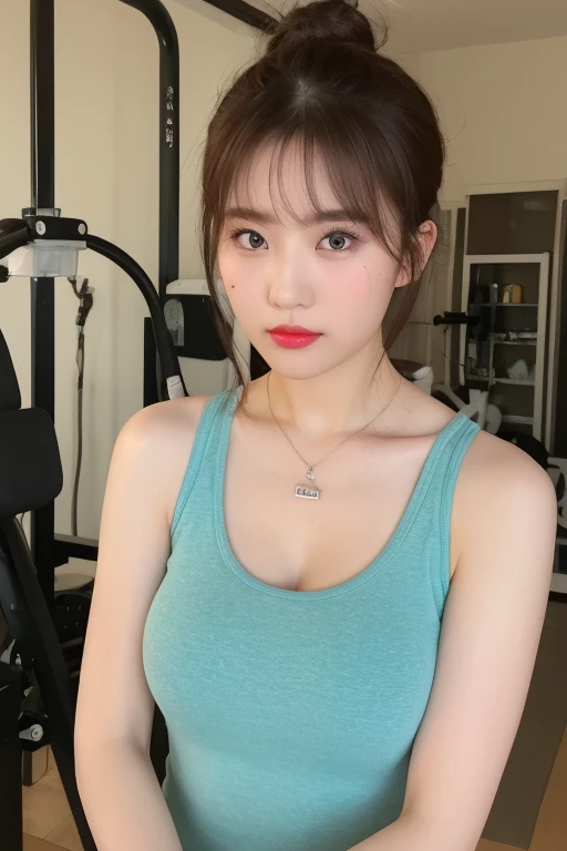 ((Best quality, 8k, Masterpiece :1.3)), ((full body))Sharp focus :1.2, Korean aunt 19 years old ((Messy Bun 
 brown hair)) .face with make-up. red lipstick. necklace. (Big breast:1.3). (Full body)

((Tank top black. Short Torn torn)) wide. Do not be shy. D...