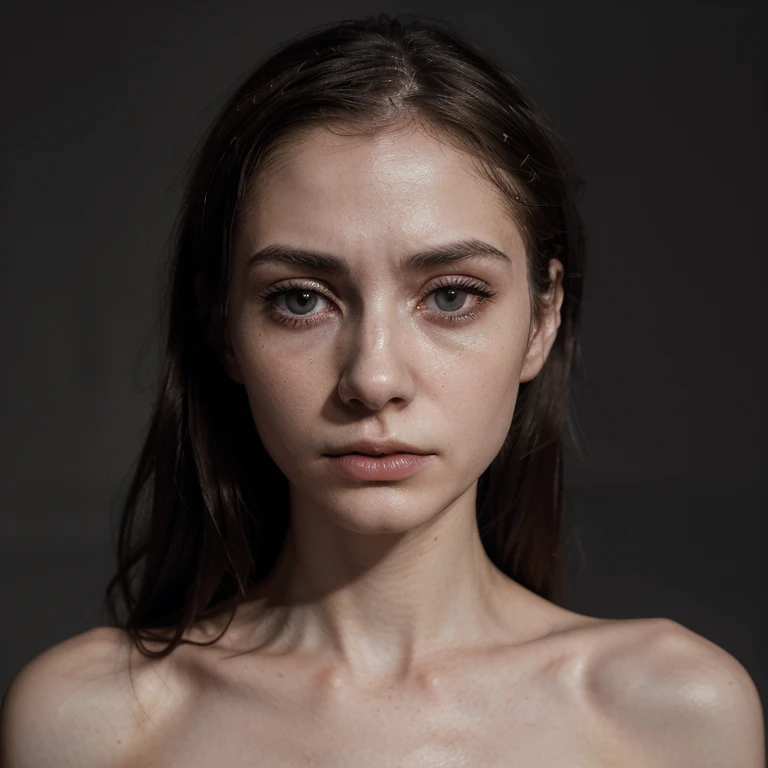 (Sensitive and thought-provoking cinematic photo of a 21-year-old woman, Anorexia narrative, thin frame, pale complexion, hollowed cheeks, sunken eyes, thin lips, delicate features, closed mouth, somber expression, deep focus, (anxious: 0.8), photorealisti...