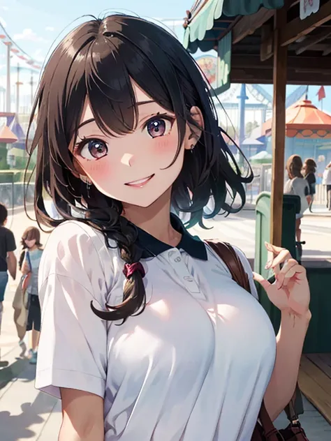 masterpiece、High definition、High resolution、high quality、High resolution、Ten generations of women、Braid、Beautiful Lipoist lips、Very large breasts、Courting face、Smiling with teeth showing、((near))、White polo shirt、Underwear is visible、amusement park