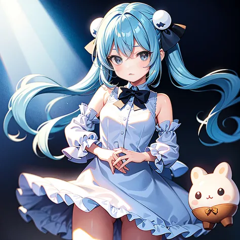 1girll, Solo, Cinnamiku, Blue hair, Blue eyes, Hair rings, Hair Bow, (Blue bow), (cinnamoroll, tied ears, sanrio, 1other, organism:1.2), Black sleeves, Bare shoulders, a blue tie, Wide sleeves, Collared shirt, Detached sleeves, tiese, a blue tie, frilled c...