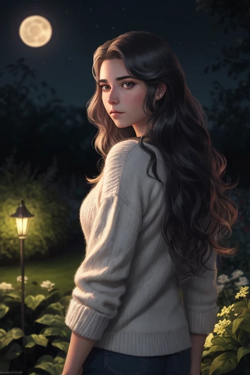 Create an image of a 19-year-old woman with long, wavy hair, un lunar debajo del ojo izquierdo, with cold and serious look, in a garden at night while his back is turned digital illustration video game version, realistic illustration 