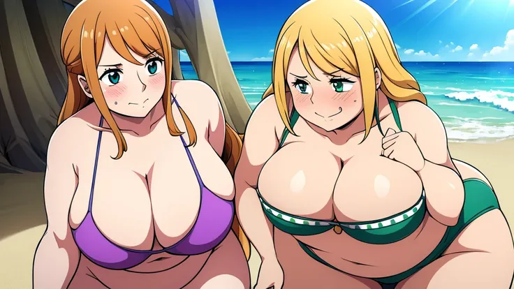 ((highres)), Masterpiece, high quality, best quality, beautiful, perfect lighting, detailed face, ultra cute face, ((2girls)), blush, one girl has blonde hair, blue eyes, one girl has brown hair, green eyes, beach, bikini, cleavage, medium breasts, ((wide ...