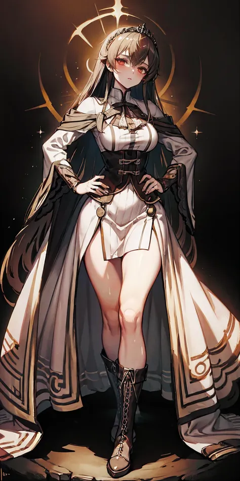 ((plain background)) full body of a woman in a dress with a veil, feet together, standing feet together, military boots, beautif...