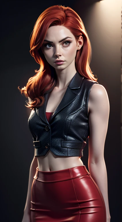 photo of Karen Gillan, beautiful woman hair red, sexy pose, sexy figure, (medium breasts:1.3), (cropped vest black and red color scheme), (masterpiece) (best quality) (detailed) (8k) (HDR) (wallpaper) (cinematic lighting) (sharp focus) (intricate)