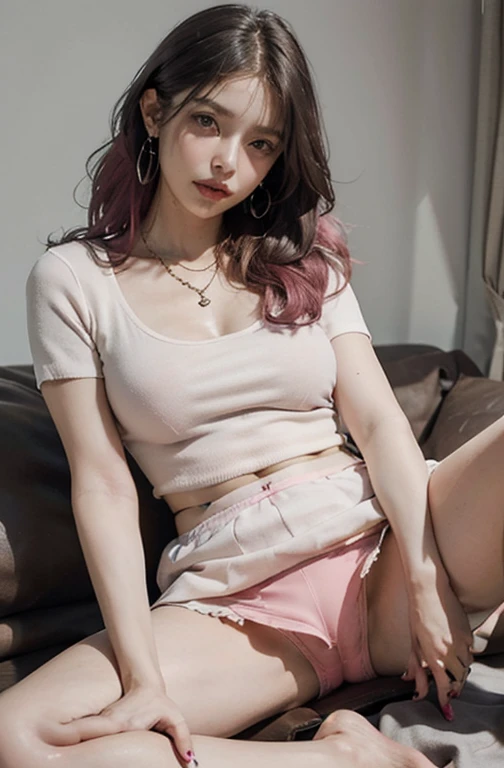 masterpiece, 1 girl, Upper Body, A faint smile, Shiny skin, highest quality, masterpiece, (Realistic: 1.4), , Pleated skirt, Black Stockings, Background Blur, (Large Diameter: 1.2), Pink Hair, necklace, Earrings、((Sexy panties in full view:1.2))、((Spread y...