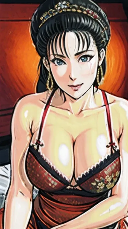 (best quality), (very aesthetic), (ultra-detailed), (best illustration),NSFW,a mature female,Perfect Face,Suikoden,Mrs. Lin,(full_body),big breast,red cheek,Sweating,skinny, chinese traditional lingerie,chinese traditional style bed,