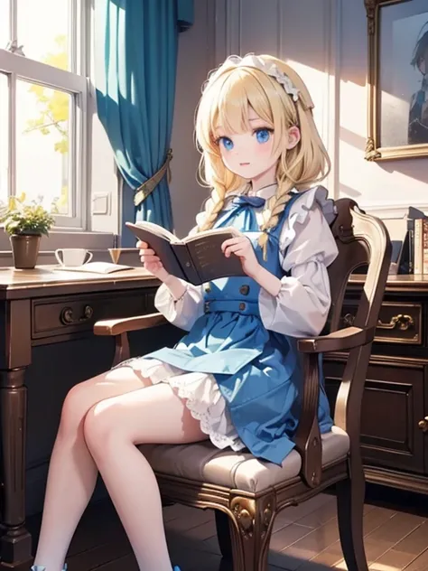 (8k, highest quality, Tabletop:1.2)、Artwork, figure, Wide angle, Ultra-high resolution、Alice in Wonderland, One 12-year-old girl, Detailed face、blue eyes, Blonde, Braid, Blue Dress, White apron, Clothes with bulging sleeves, In a room with a big clock, A l...