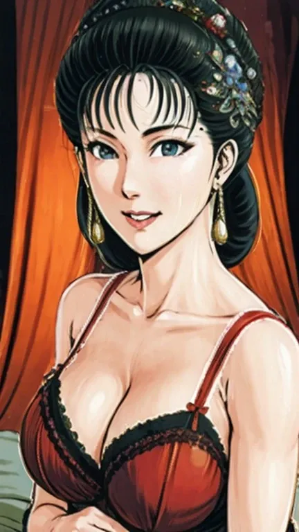 (best quality), (very aesthetic), (ultra-detailed), (best illustration),NSFW,a mature female,Perfect Face,Suikoden,Mrs. Lin,(full_body),big breast,red cheek,Sweating,skinny, chinese traditional lingerie,chinese traditional style bed,