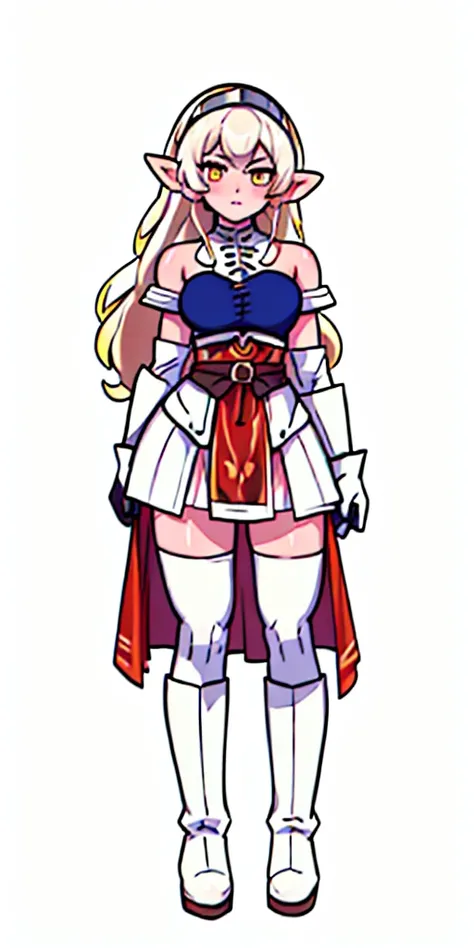 masterpiece, best quality, high quality, white SKIN elf, long hair, white hair, yellow eyes, full body, def_effie, blue breastplate, white skin, looking at viewer, shiny, armor, thigh highs, high boots, shoulder armor, faulds, poleyn, gloves, gauntlets