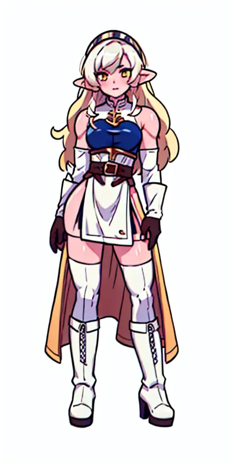 masterpiece, best quality, high quality, white SKIN elf, long hair, white hair, yellow eyes, full body, def_effie, blue breastplate, white skin, looking at viewer, shiny, armor, thigh highs, high boots, shoulder armor, faulds, poleyn, gloves, gauntlets